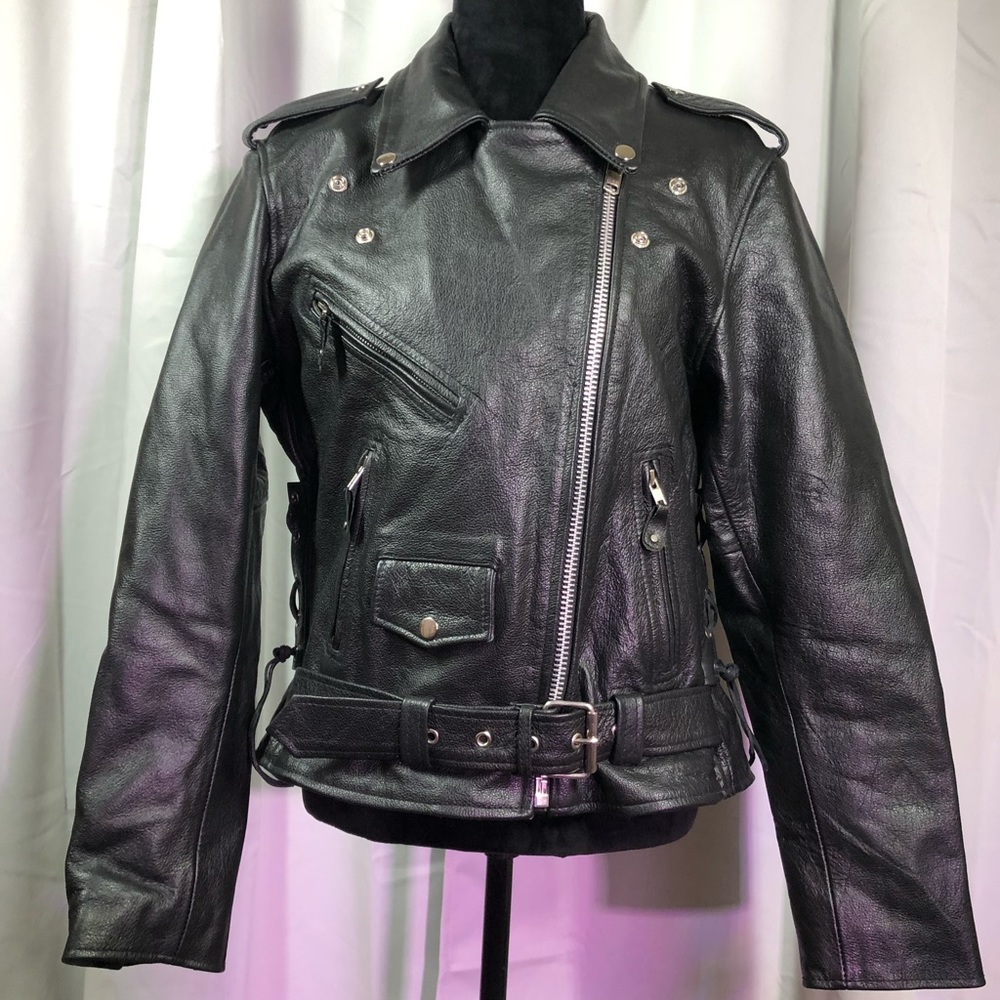 Genuine Leather Jacket Heavy Silver Zippers Snap Detail Silver Metal Detail Med